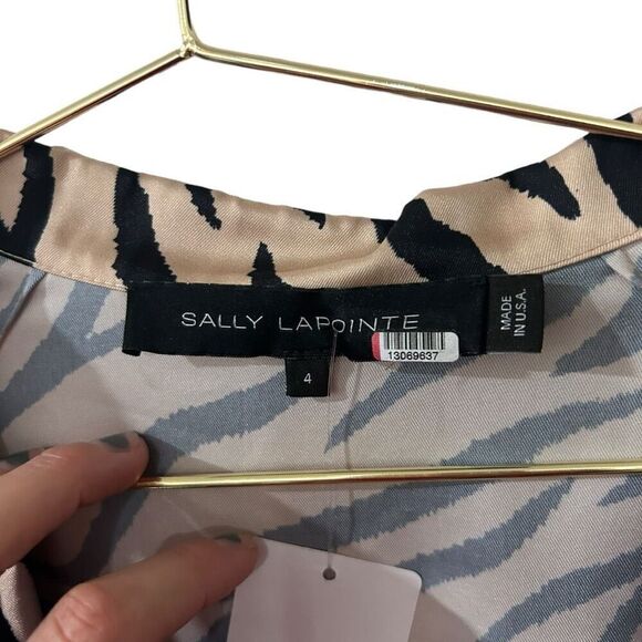 Sally LaPointe Zebra Short Sleeve Drop Collar Faux Wrap Dress Black Tan Size 4 - Picture 10 of 16